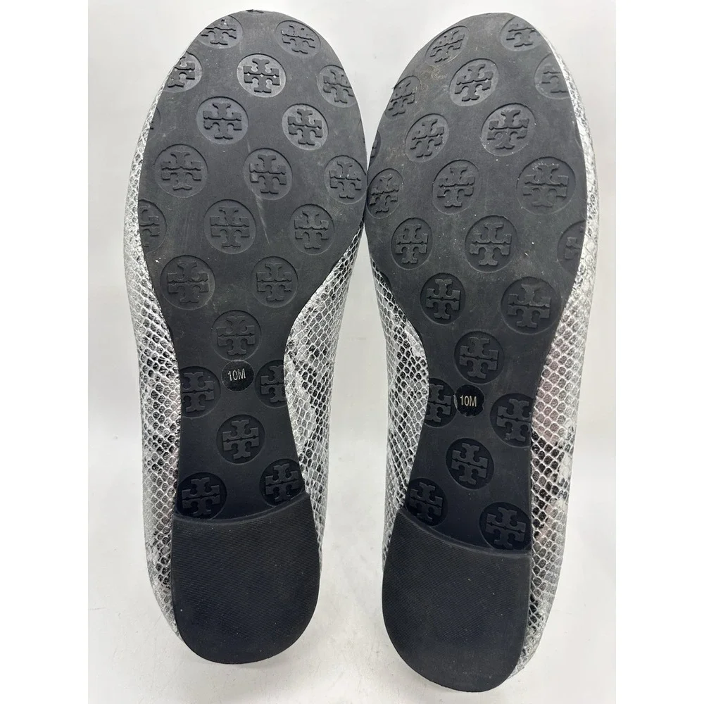 Tory Burch Reva Ballet Flats Silver Metallic Snake Embossed Leather Size 10M